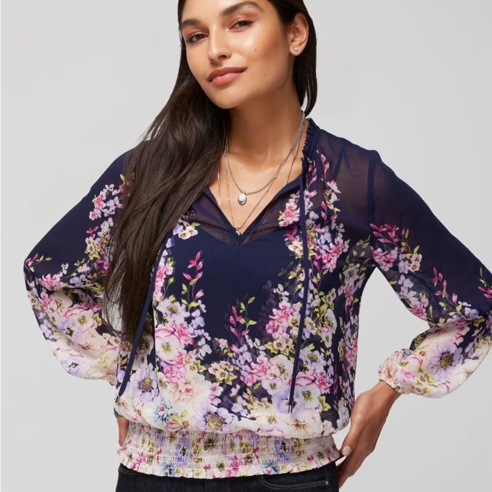 White House Black Market Navy Floral Sheer Blouse